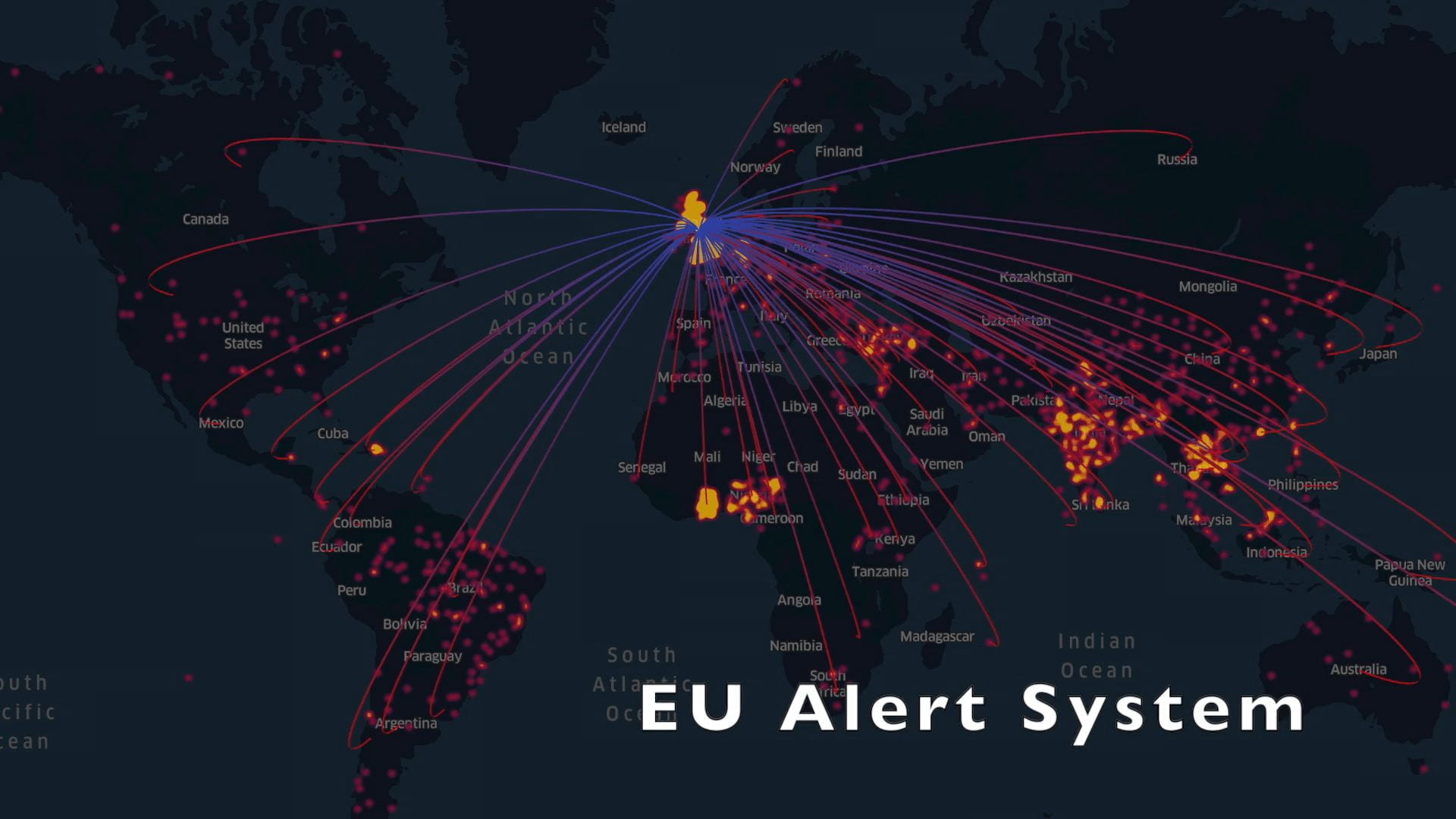 Map of the world where lines between the UK and other countries indicate the countries where alerts from the Rapid Alert System for Food and Feed have originated from